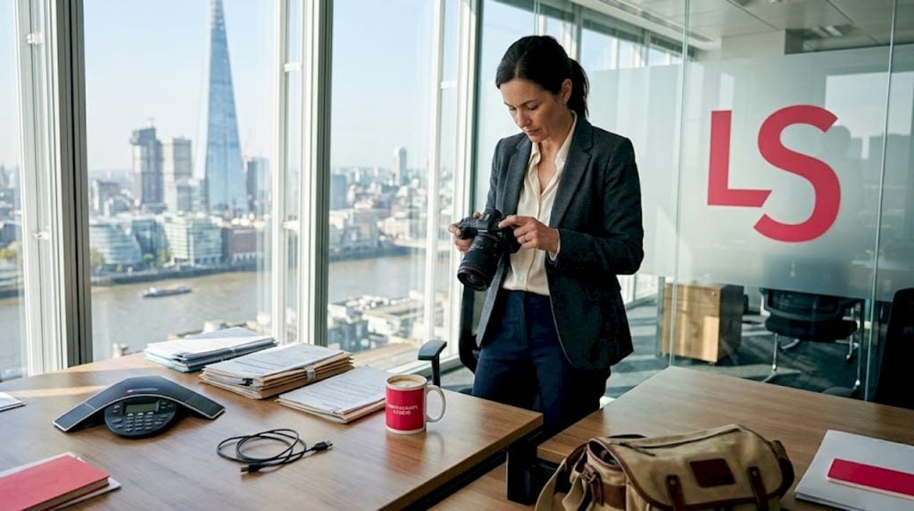 Photographer preparing equipment in London office