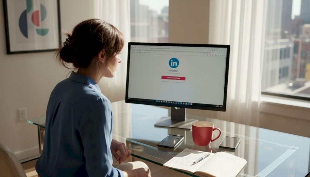 Woman updating LinkedIn profile in home office