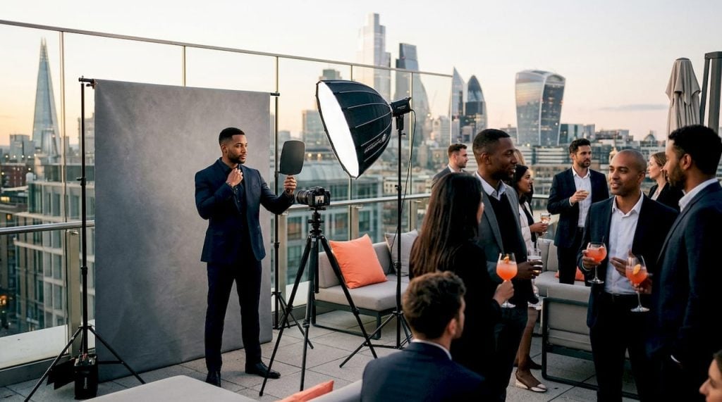 London professionals at networking event near headshot booth