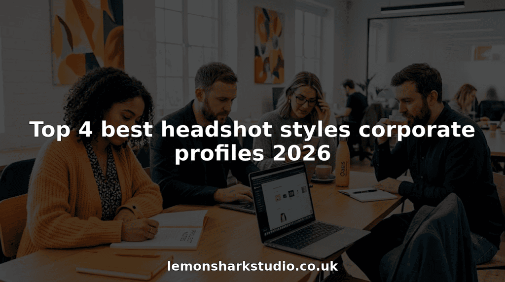 Four diverse professionals in office demonstrating headshot styles