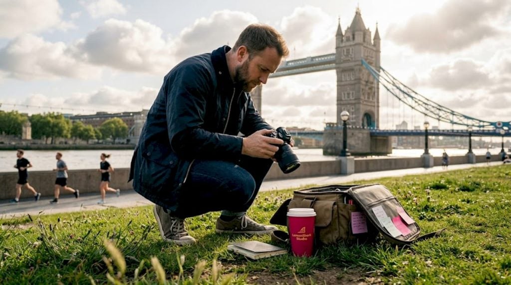 Photographer prepping beside London riverbank