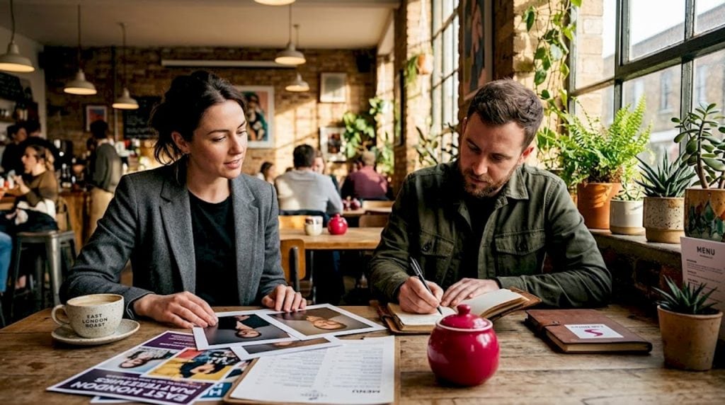 Client and photographer consulting over portrait samples