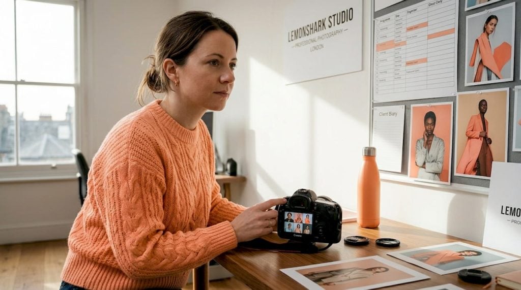 Photographer reviews images in bright London studio