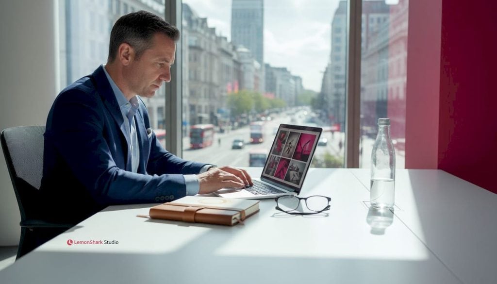 Executive reviews photographer portfolio at desk