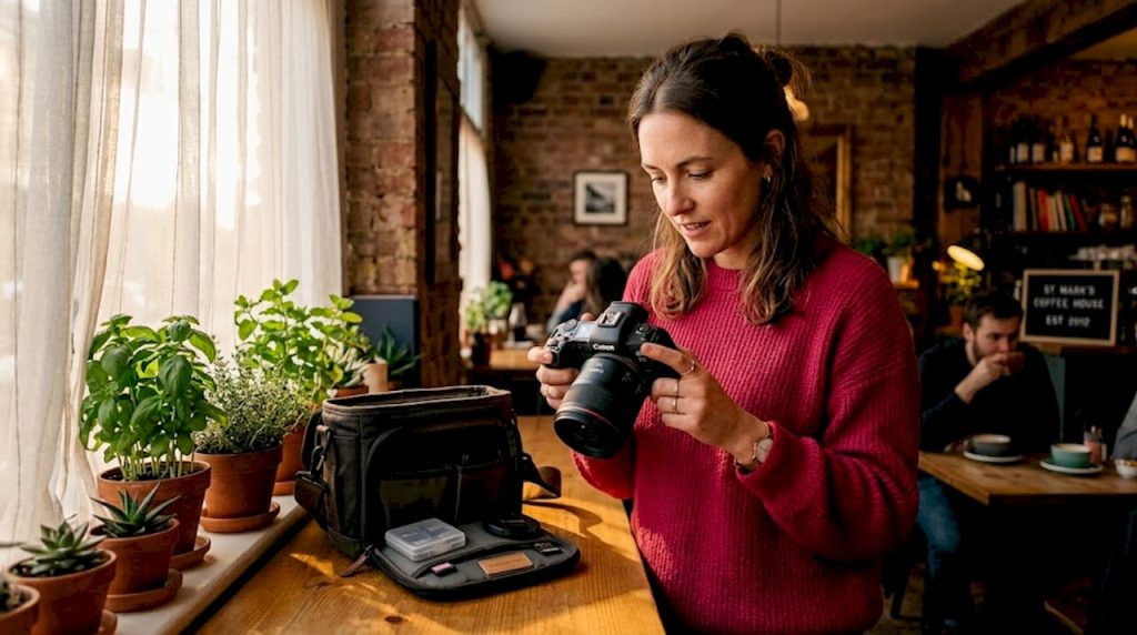 Photographer reviewing images in West London living room