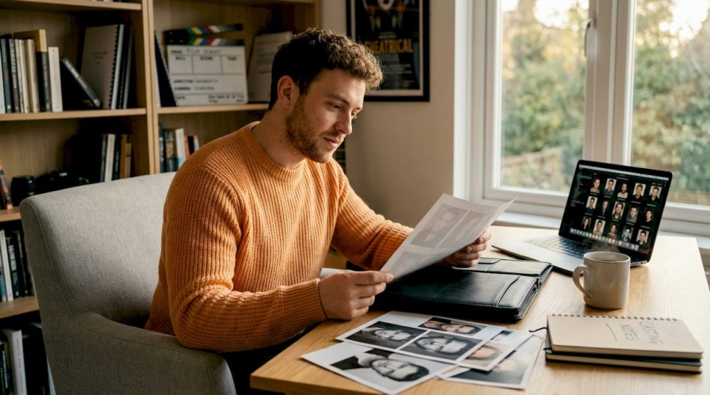 Actor reviewing printed headshots in living room