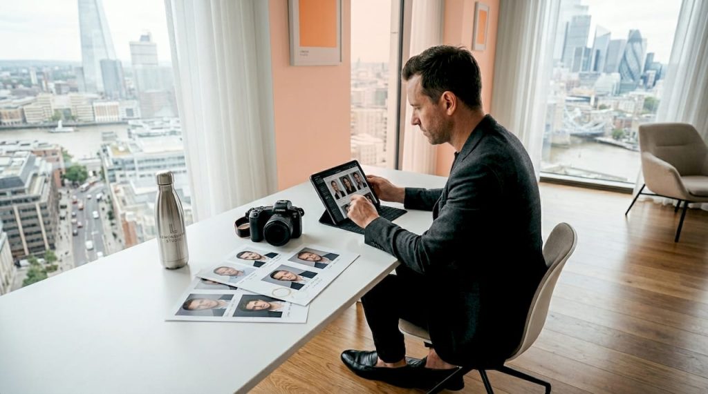 Photographer reviewing corporate headshots in London office