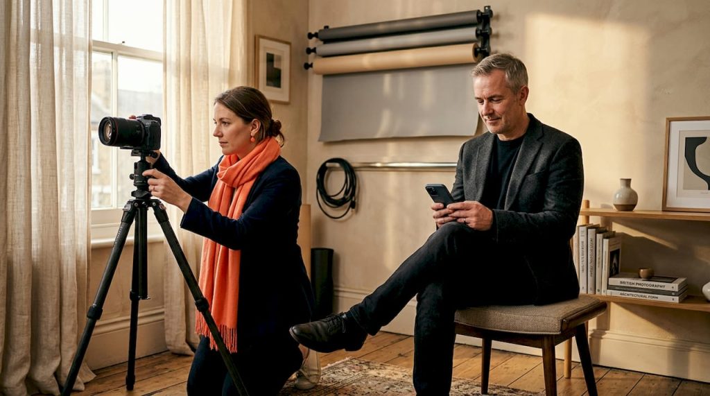 Studio photographer prepping diverse headshot backgrounds