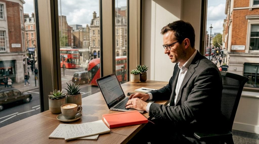 London professional working in corner office
