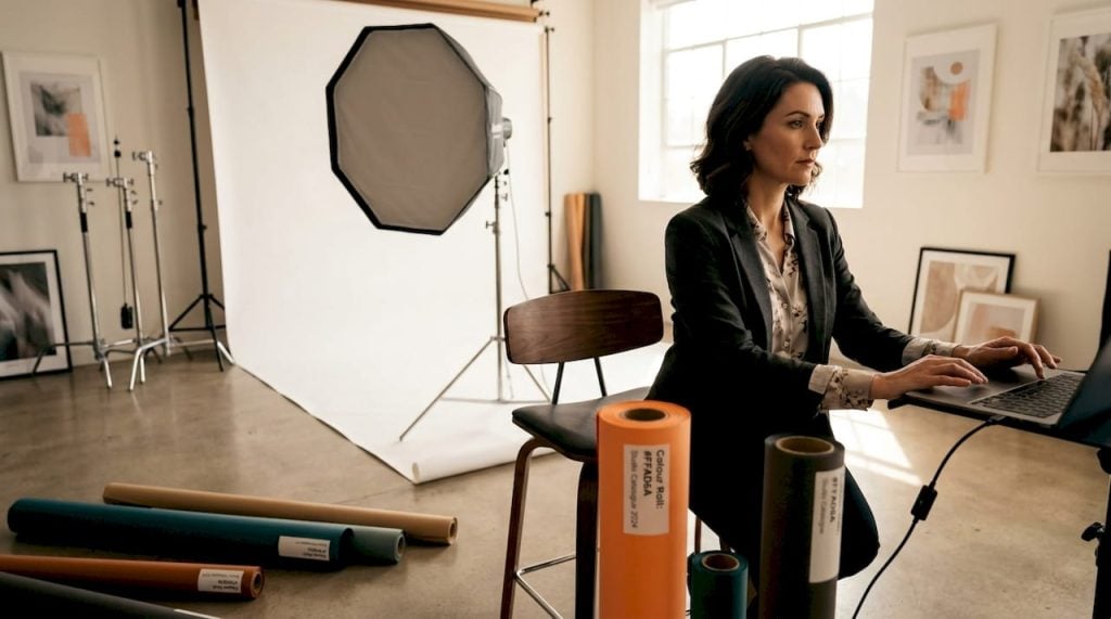 Photographer prepping portrait lighting in studio