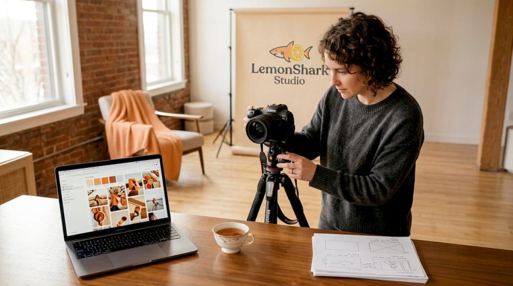 Photographer preparing branding shoot in studio