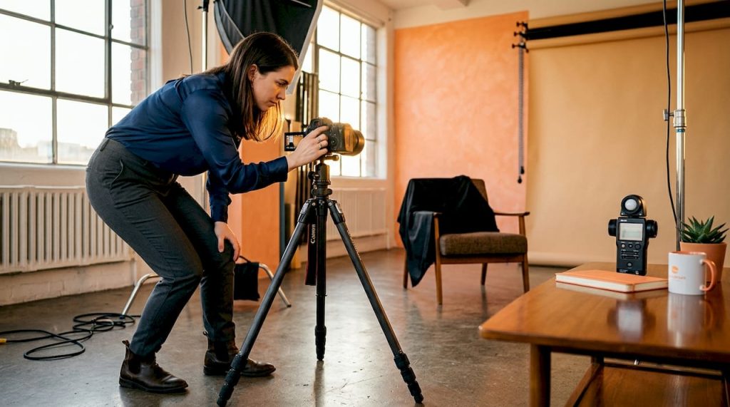 Photographer preparing professional headshot studio