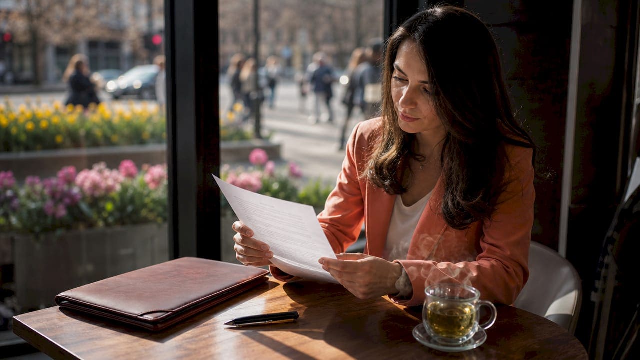 Professional woman reviewing portrait photography contract