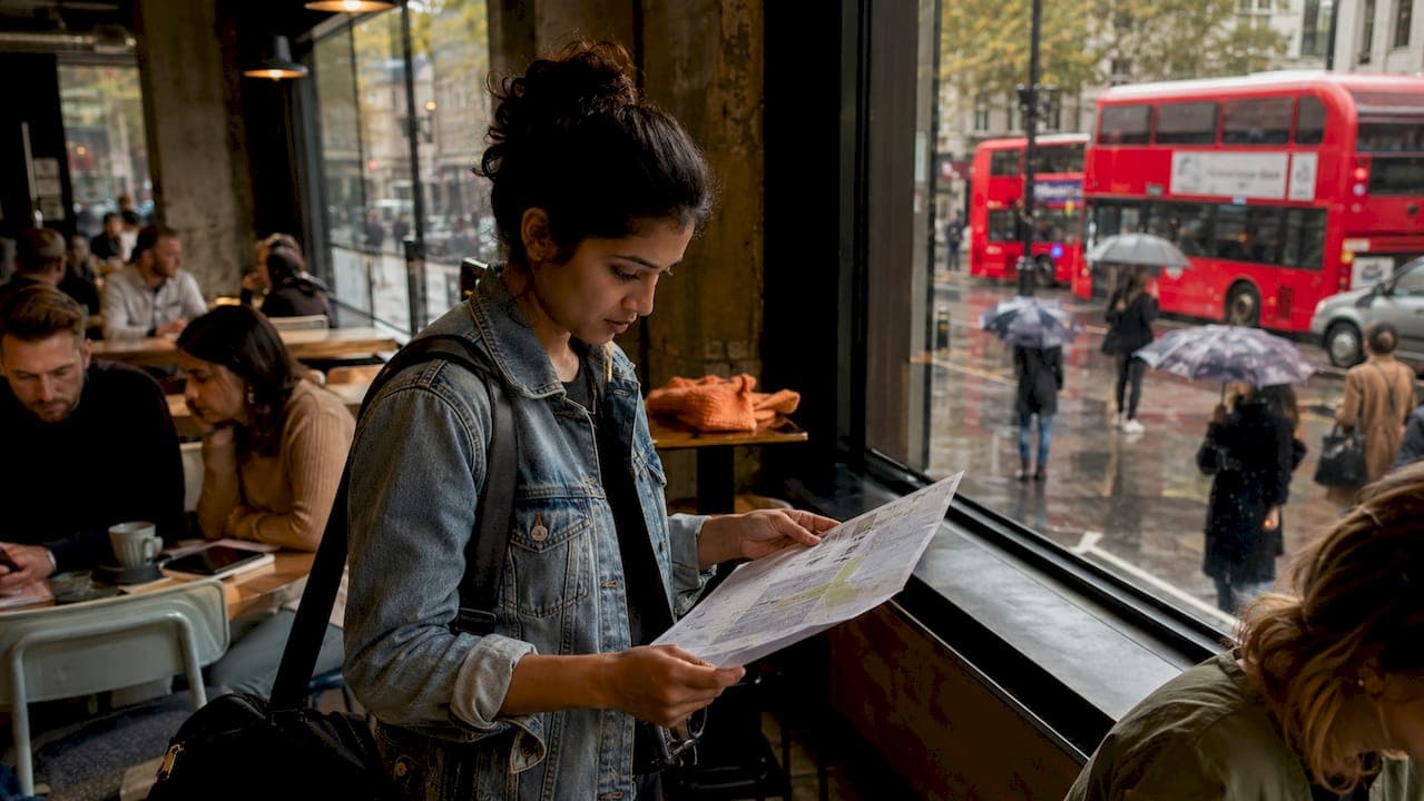 Photographer checking map outside London studio