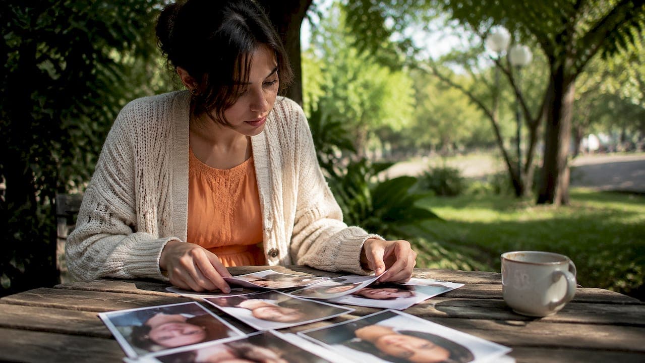 Actor reviewing headshots at café table