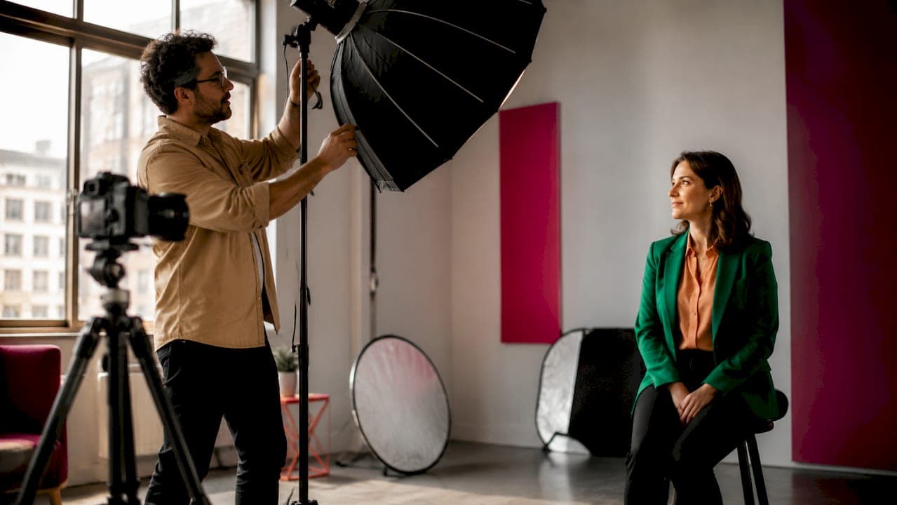 Photographer adjusting key light for business headshot