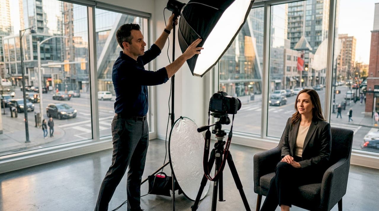 Photographer preparing woman for headshot session in studio