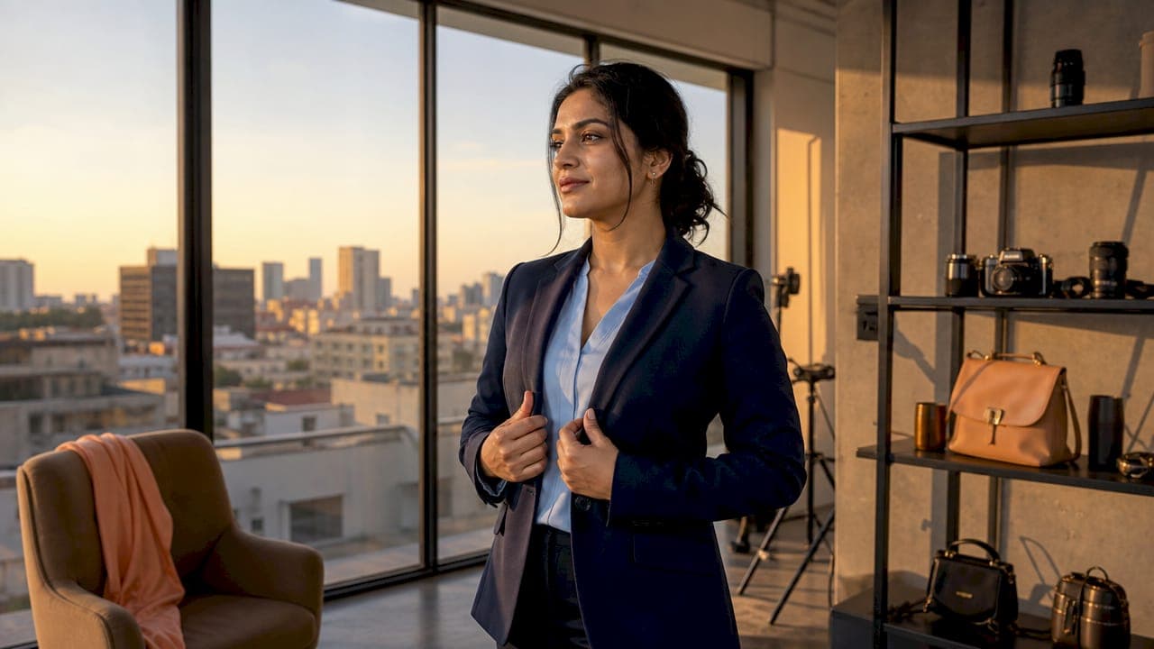 Woman adjusting navy blazer in photography studio
