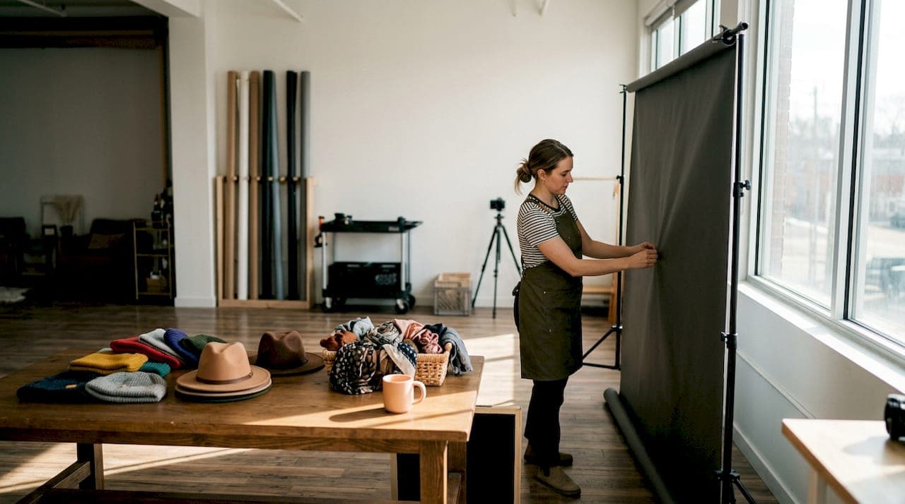 Photographer adjusting plain dark grey backdrop in studio