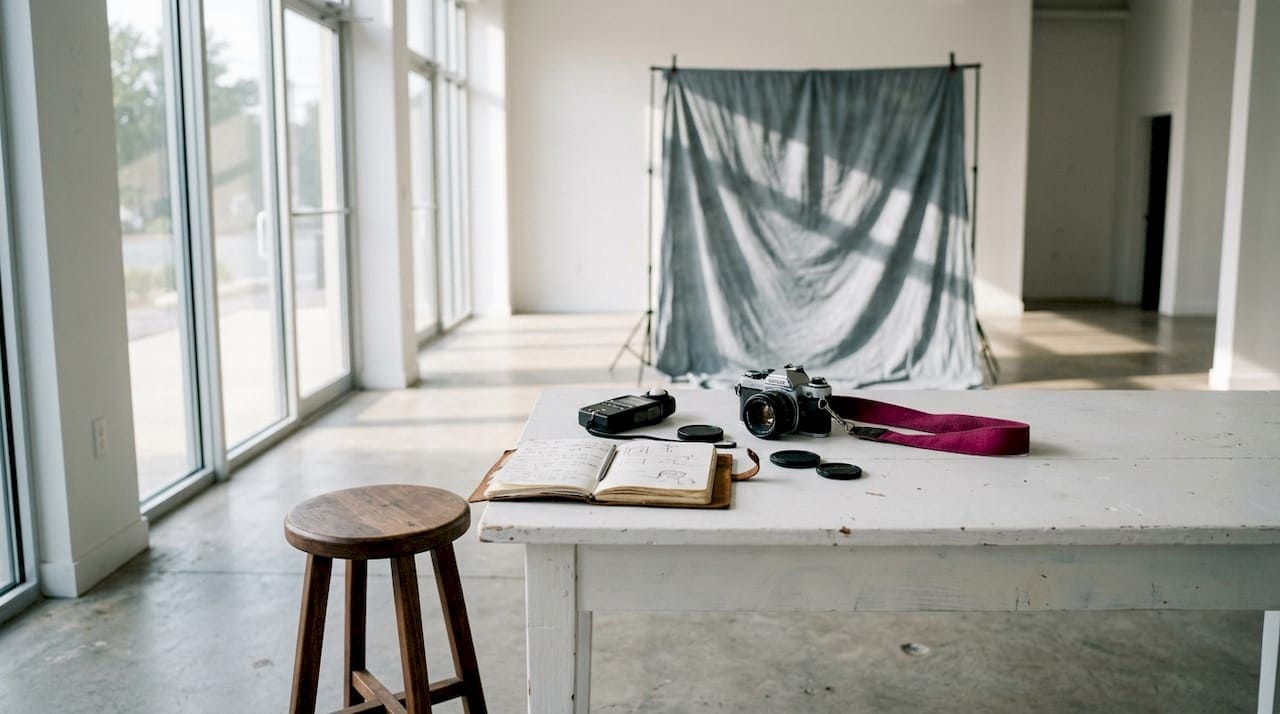 Artist studio with photography tools and backdrop